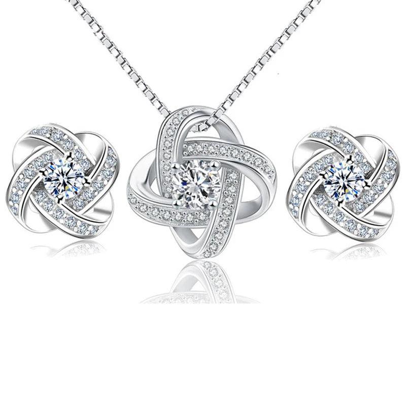 925 Silver Flower Jewelry Set Necklace Earrings Ring Gift
