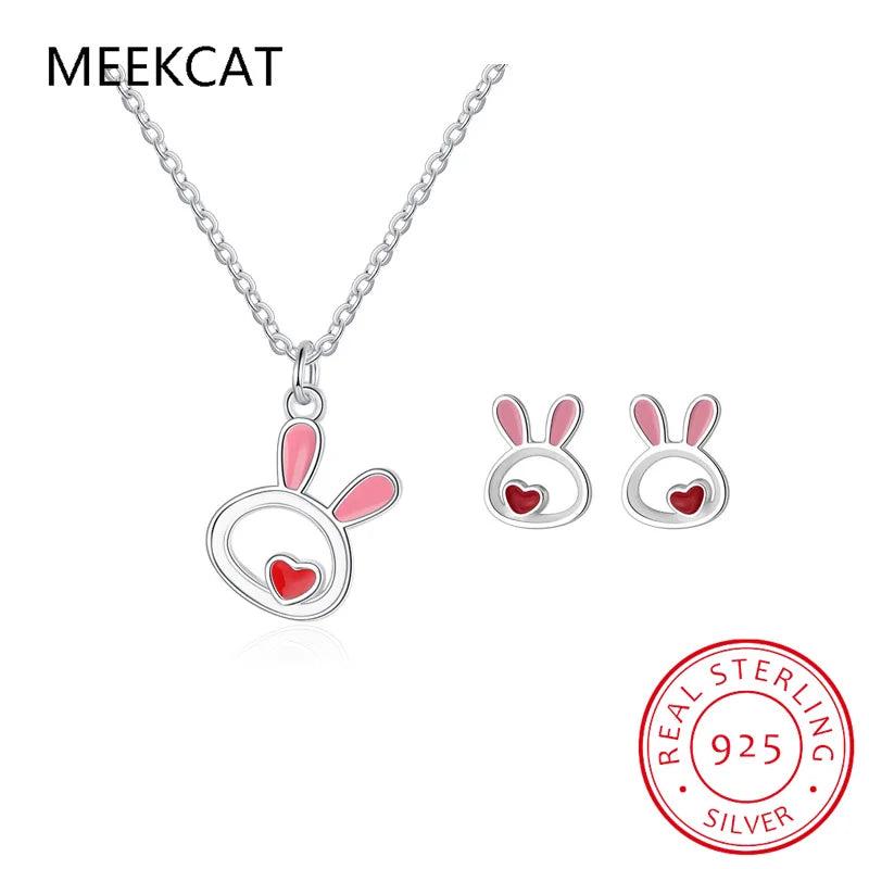 925 Silver Animal Rabbit Necklace+Earring Set for Women Girl Gift