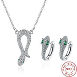 Sterling Silver Snake Jewelry Set Vintage Platinum Crystal Earrings Necklace