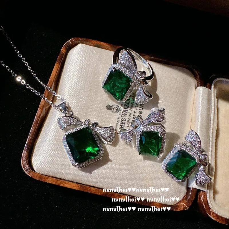 Sapphire Jewelry Set Green Cubic Zirconia 925 Silver