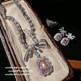 Pink Bowknot Bridal Crystal Jewelry Set 925 Silver Wedding