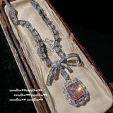 Pink Bowknot Bridal Crystal Jewelry Set 925 Silver Wedding