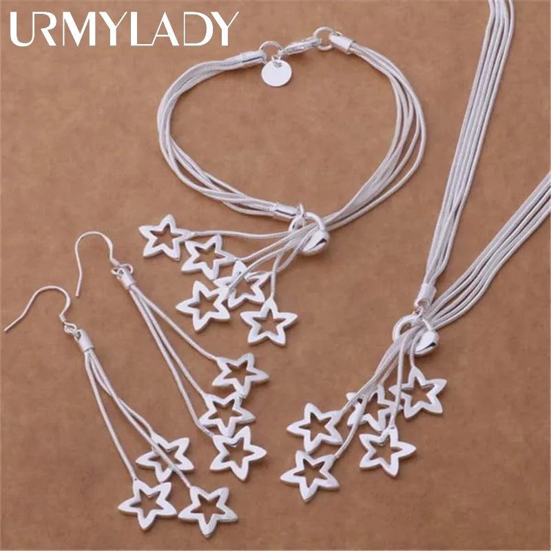 925 Silver Jewelry Set for Women Wedding Star Bracelet Necklace Earring Chain