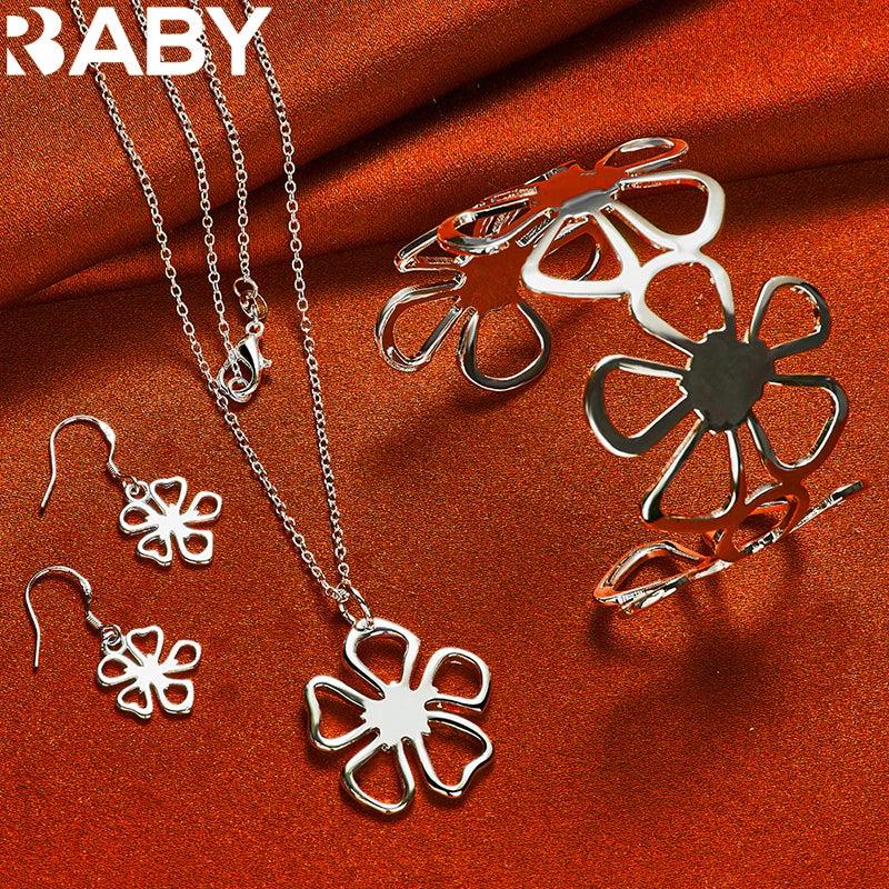925 Silver Sakura Flower Bangle Necklace Earrings Set