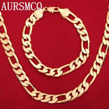 925 Sterling Silver 18K 8MM Chain Bracelet Necklace Set
