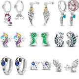 925 Silver Women Hoop Earrings Animal Dragon Elephant Feathers Pendientes