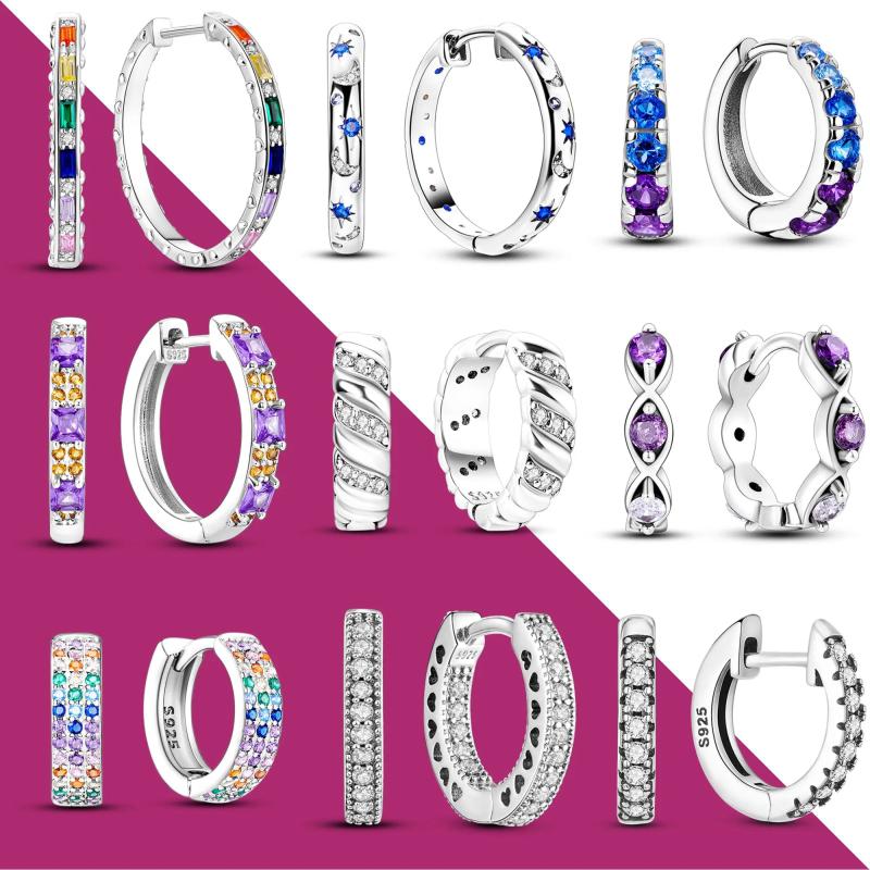 925 Silver Hoop Earrings with Pave CZ - Gift for Her