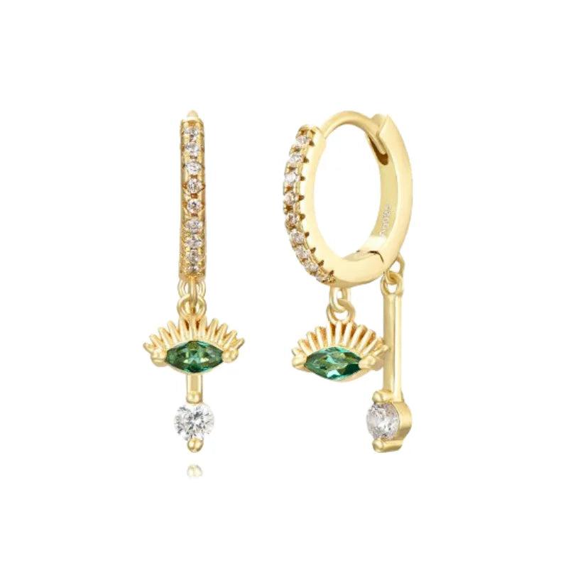 925 Silver Green Eyes Double Drop Earrings Retro Hoop Earrings