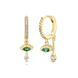 925 Silver Green Eyes Double Drop Earrings Retro Hoop Earrings