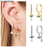 925 Silver Green Eyes Double Drop Earrings Retro Hoop Earrings
