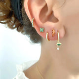 925 Silver Green Eyes Double Drop Earrings Retro Hoop Earrings