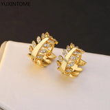 925 Silver Leaf Earring Pave Crystal Hoop Circle Round Minimalist
