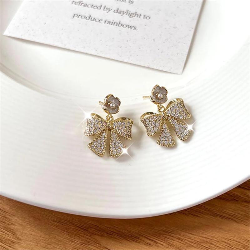 925 Silver Needle Bow Knot Flower Stud Earrings French Light Zircon Earrings