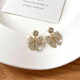 925 Silver Needle Bow Knot Flower Stud Earrings French Light Zircon Earrings