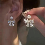 925 Silver Needle Bow Knot Flower Stud Earrings French Light Zircon Earrings
