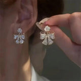 925 Silver Needle Bow Knot Flower Stud Earrings French Light Zircon Earrings