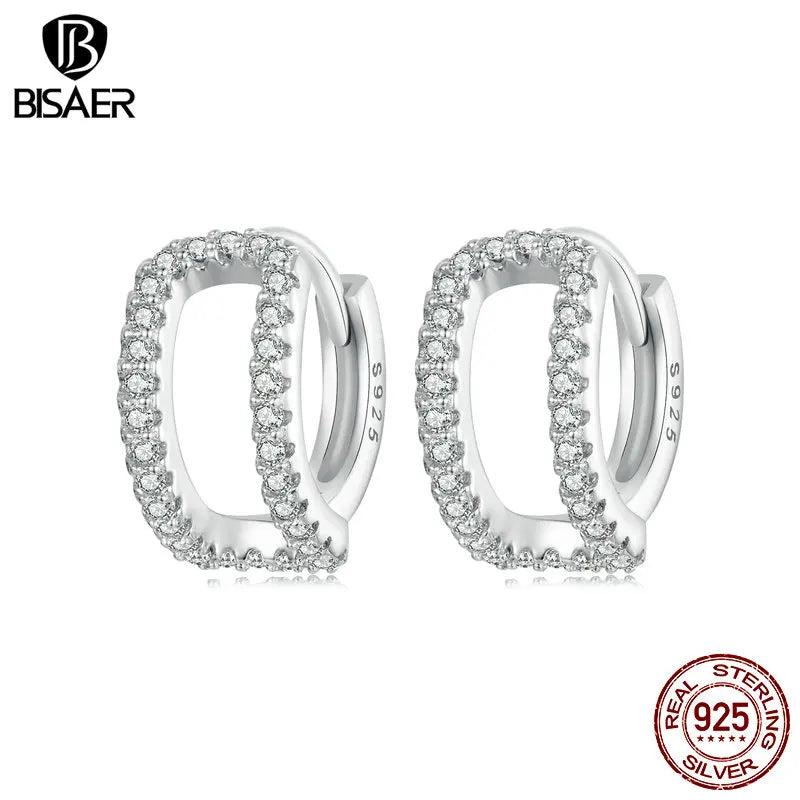 Sterling Silver Double-layered Stud Earrings Zircon Hoops