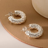 925 Silver Texture Metal Hoop Earrings for Women