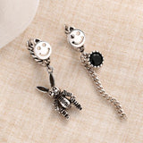 925 Silver Smiling Face Hoop Earrings Rabbit Zirconia Tassel Ear Jewelry