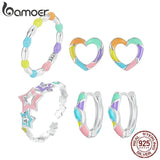 Rainbow Heart Hoop Earrings, 925 Silver Dainty Candy Jewelry