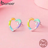 Rainbow Heart Hoop Earrings, 925 Silver Dainty Candy Jewelry
