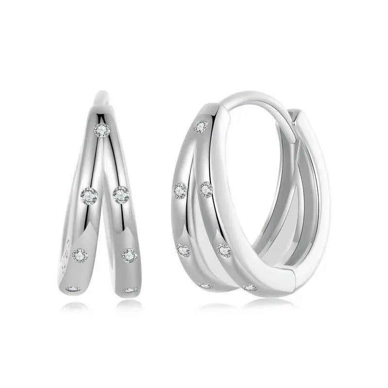 925 Silver Zircon Double Layer Circle Hoop Earrings