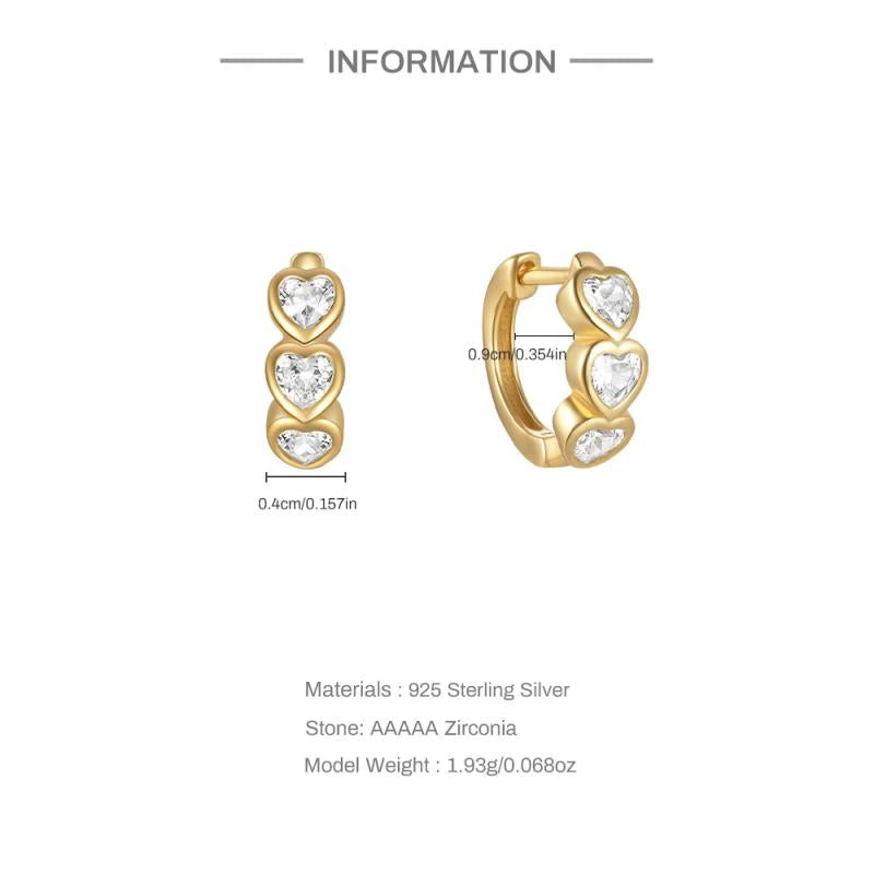 925 Silver Heart Zircon Hoop Earrings for Women
