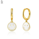 925 Silver Enamel Smiling Face Dangle Earrings Round Hoop Jewelry