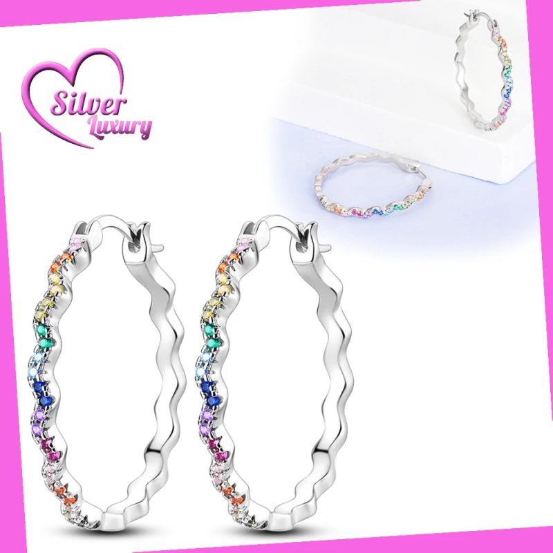 Colorful Wave Pattern Hoop Earrings 925 Sterling Silver for Women