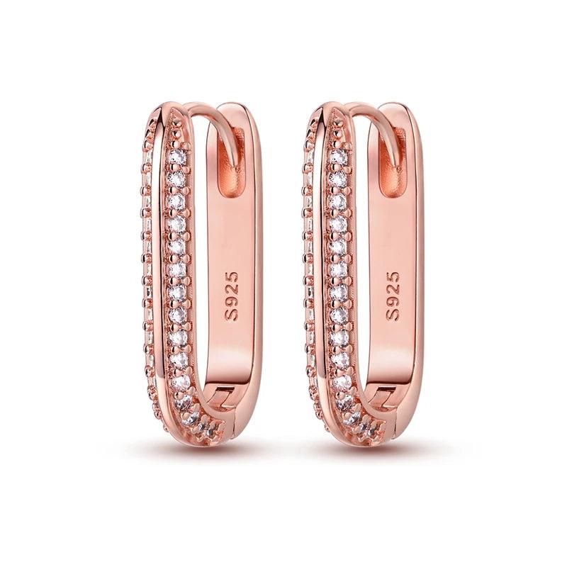 Sparkling Pave CZ U Heart Rose Hoop Earrings 925 Silver Women Earring