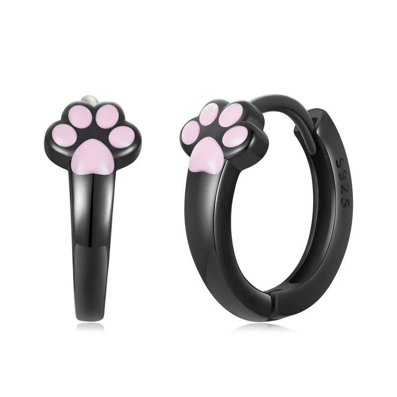 925 Silver Pink Cat Paw Hoop Earrings Women Jewelry