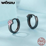 925 Silver Pink Cat Paw Hoop Earrings Women Jewelry
