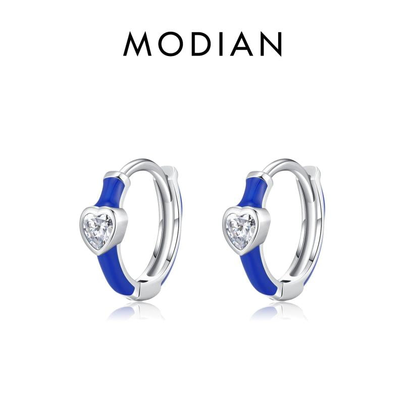 925 Silver Enamel Hearts Hoop Earrings CZ Small Ear Buckles
