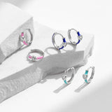 925 Silver Enamel Hearts Hoop Earrings CZ Small Ear Buckles