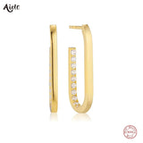 925 Silver Long Hoop Earrings Zircon Inlaid Geometric Loop Earrings