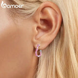 925 Silver Pink Heart Hoop Earrings for Women Party Gift