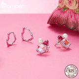 925 Silver Pink Heart Hoop Earrings for Women Party Gift