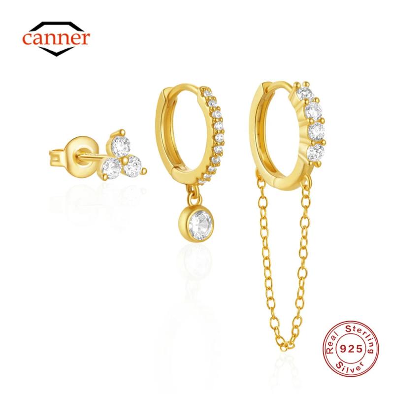 925 Silver Tassel Zircon Stud Hoop Earrings 18K Fine Jewelry Gift