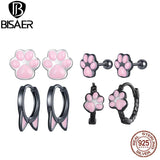 925 Silver Cat Claw Hoop Earrings Black&Pink Stud Earring
