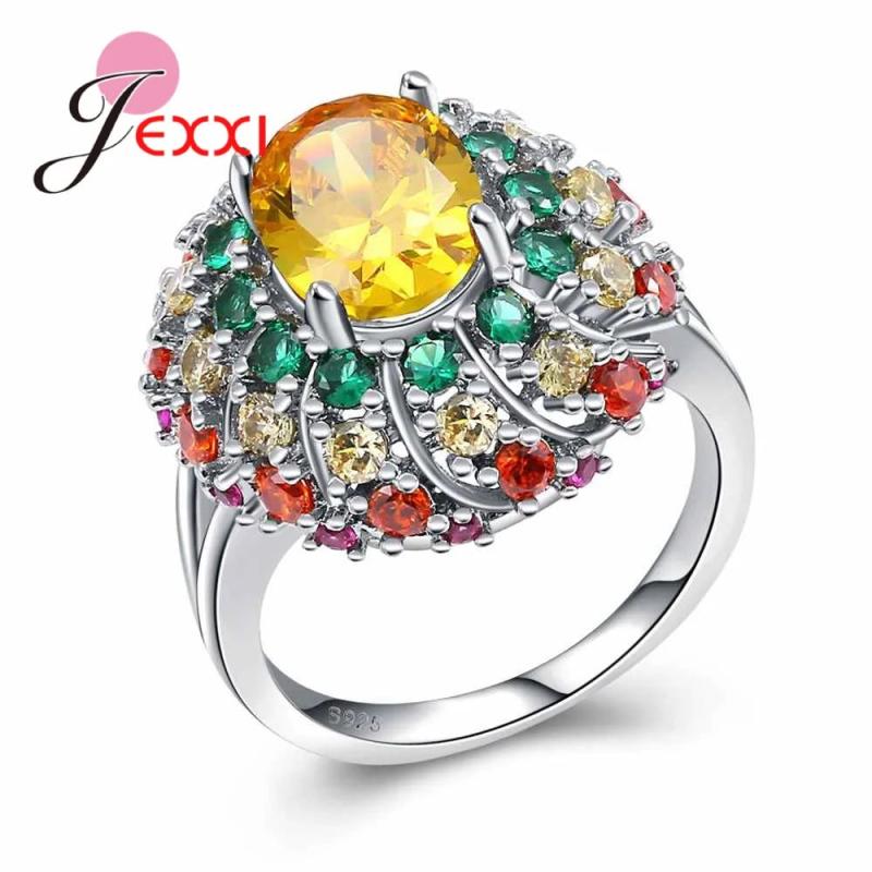 Noble Shining Silver Flower Ring with Oval Stone for Women Wedding