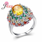 Noble Shining Silver Flower Ring with Oval Stone for Women Wedding