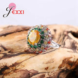 Noble Shining Silver Flower Ring with Oval Stone for Women Wedding