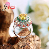 Noble Shining Silver Flower Ring with Oval Stone for Women Wedding