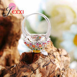 Noble Shining Silver Flower Ring with Oval Stone for Women Wedding