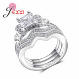 925 Silver Crystal Square Round Ring Set Bridal Wedding Accessory