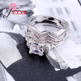 925 Silver Crystal Square Round Ring Set Bridal Wedding Accessory