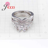 925 Silver Crystal Square Round Ring Set Bridal Wedding Accessory