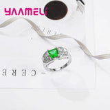 925 Silver Finger Rings for Girl Wedding Green Crystal Rhinestone Anillos