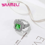 Green Crystal Rhinestone Silver Needle Ring for Women Wedding Party