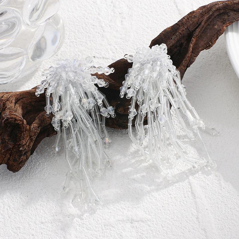 Colorful Beaded Flower Crystal Tassel Earrings Long Drop Jewelry